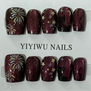 [S] 🐈‍⬛🌙🌟🎇10Pcs Wearable Press on Nails Full Cover Fireworks 🎆 Stars Purple